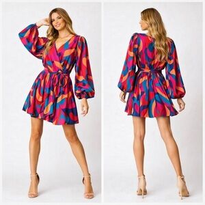 Flying Tomato Pink Blue Abstract Boho Mini Dress Size Small Long Sleeve Dopamine